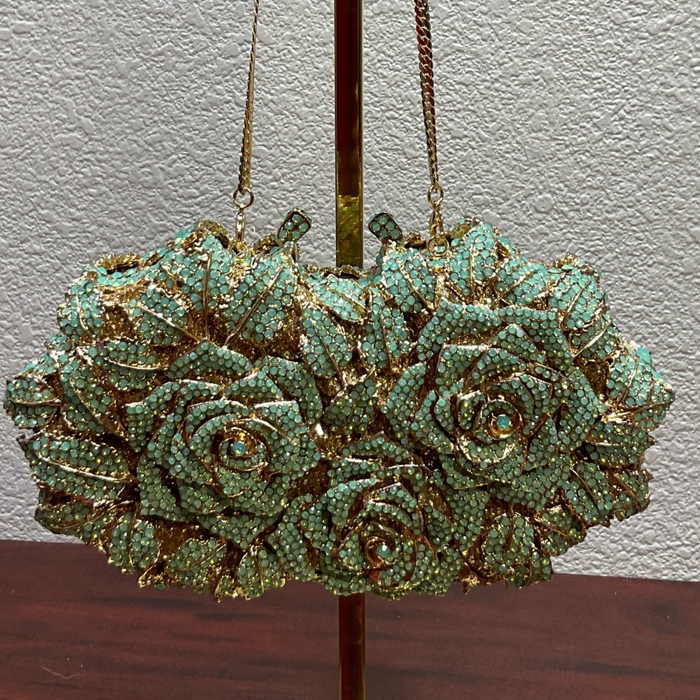 Crystal‎ Flower Aqua Marine Clutch Evening Bag - Picture 3 of 14